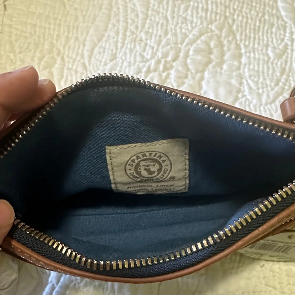 Brand New Spartina 449 Navy & Tan Fern-Print Wristlet with Leather Trim